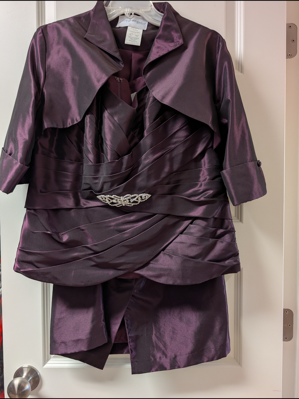 Alfred Angelo Deep Plum Satin Dress and Jacket Set with Jeweled Accent